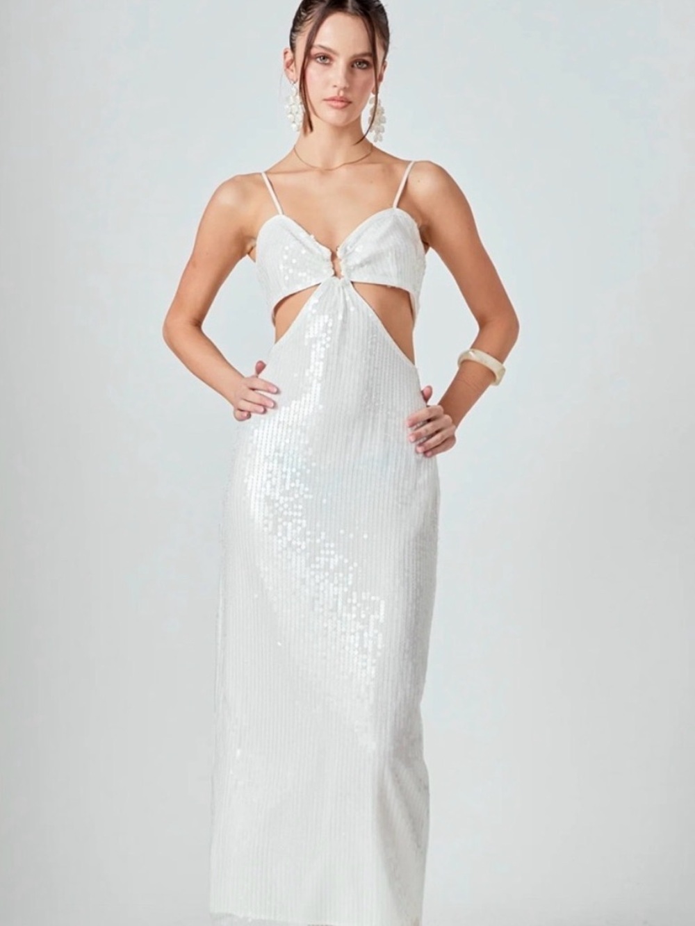 NWT- Endless Rose White Sequin Cutout Midi Dress